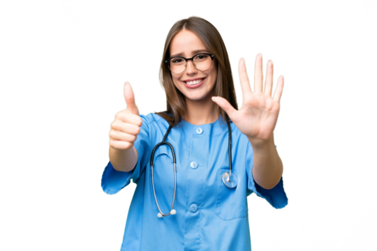 Young nurse caucasian woman over isolated background counting six with fingers