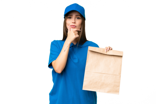 Young beautiful caucasian woman taking a bag of takeaway food over isolated background thinking