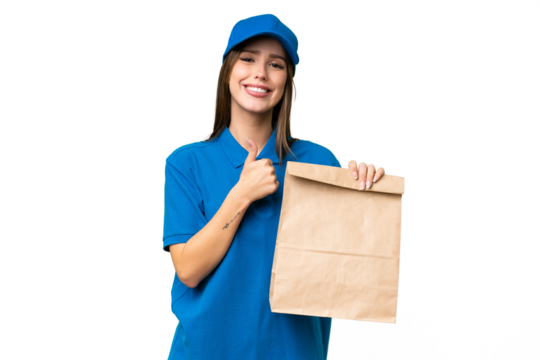 Young beautiful caucasian woman taking a bag of takeaway food over isolated background giving a thumbs up gesture