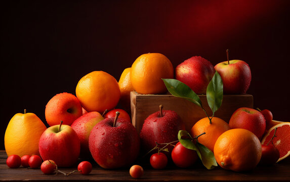 a background image featuring red and orange fruits, apples, oranges - generative ai