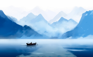 A boat in a lake next to mountains. Blue landscape