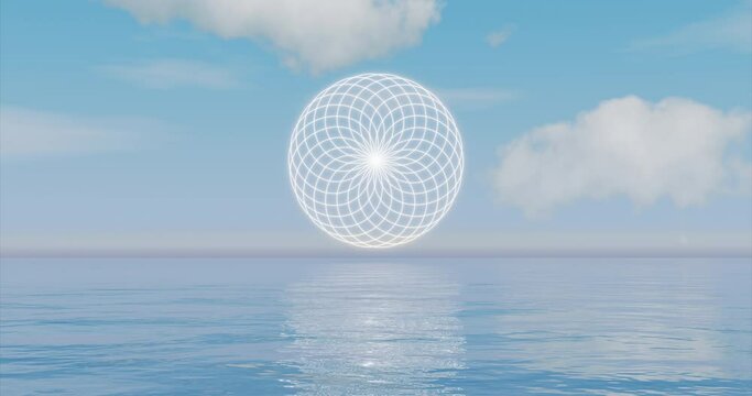 Flower of Life a powerful sacred symbol above the sea. Calming ocean waves enhance its harmony and balance. 3d Rendering concept of spirituality and meditation