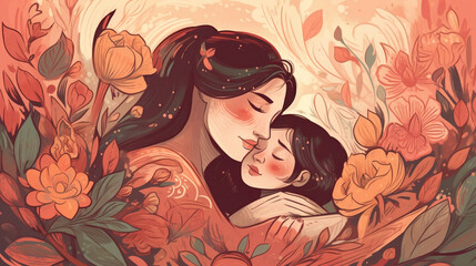 Mother's day illustrations. Tender moments between mothers and children. Mother with his children. Images generated by AI.
