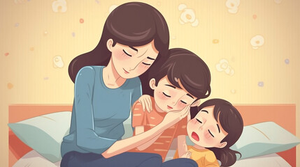 Obraz premium Mother's day illustrations. Tender moments between mothers and children. Mother with his children. Images generated by AI.