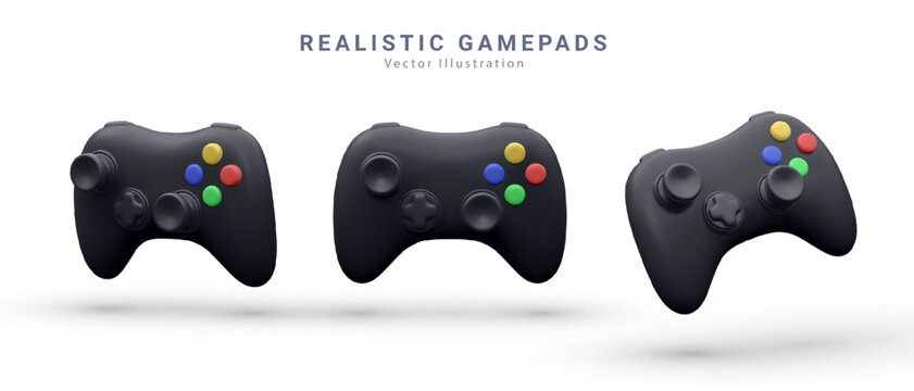 Set game controllers in vector. Black joystick vector illustration. Gamepad for game console. 3D render