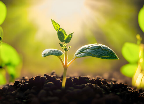 Photo close up of plant in cultivated agricultural field, Plant Growing In Sunlight Growing Sprout Agro.