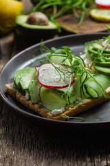 White bread toasts with cream cheese, avocado, cucumber and radish in a plate