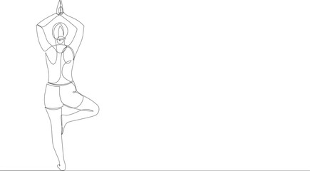 Continuous one line drawing of woman standing in yoga pose with arms above head. Fitness yoga concept drawn by single line. Vector illustration.