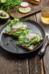 White bread toasts with cream cheese, avocado, cucumber and radish in a plate