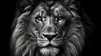 A beautiful portrait of a majestic lion captured in black and white. Generative AI 
