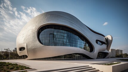 A large concert hall exterior with a big dramatic window design. Generative AI 