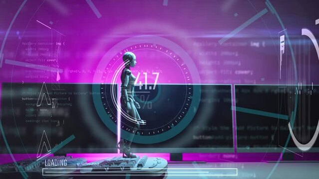 3d render of female robot walking on loop keyboards with drop mouse on floor and monitors in background motion graphic data analyse overlay.
