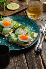 White bread toasts with cream cheese, egg, avocado, cucumber and radish in a plate
