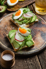 White bread toasts with cream cheese, egg, avocado, cucumber and radish in a plate