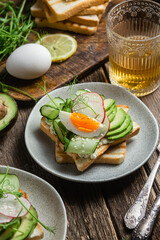 White bread toasts with cream cheese, egg, avocado, cucumber and radish in a plate