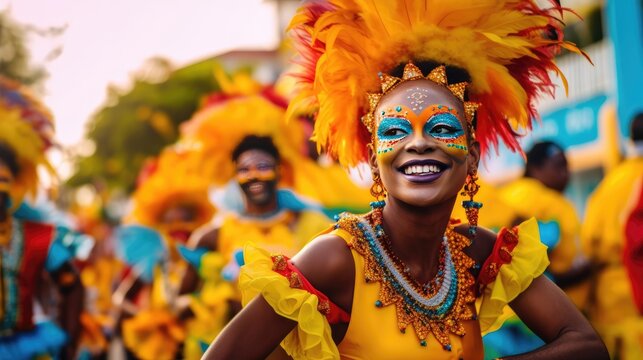 A person in a carnival costume at Tobago during a street carnival. Generative AI 