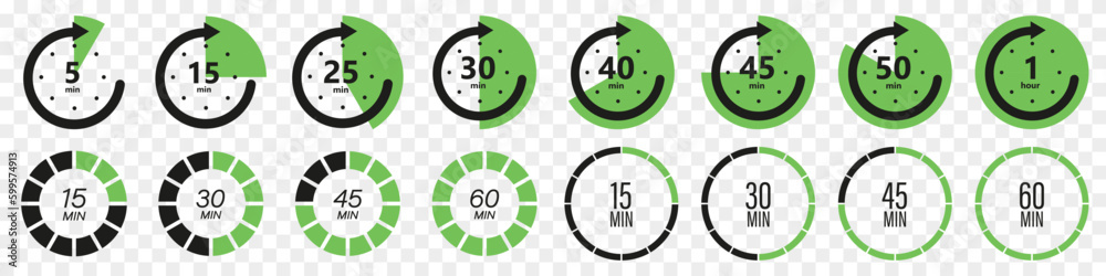 Poster Countdown time icons in green. Set of timer arrow circle deadline symbol