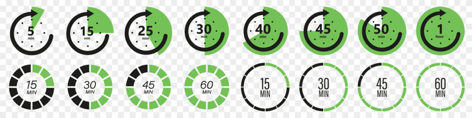 Countdown time icons in green. Set of timer arrow circle deadline symbol