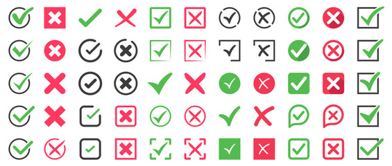 Set of green and red cross symbol. Approved and rejected icons