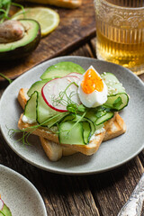 White bread toasts with cream cheese, egg, avocado, cucumber and radish in a plate