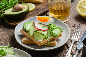 White bread toasts with cream cheese, egg, avocado, cucumber and radish in a plate