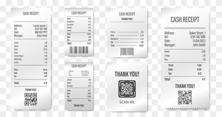 Realistic receipt template collection. Receipt bill mockup. Realistic receipt shop bill