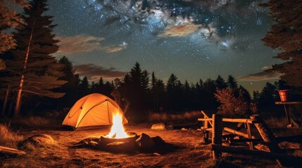 A cozy camping site with a fire pit tent and a beautiful sky background. Generative AI 