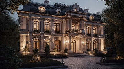 Fototapeta premium A luxurious exterior of an old mansion. Generative AI 
