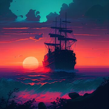 Pirate ship deck onboard night view, wooden boat with cannon, glow lantern, wood barrels, hold entrance, mast with ropes and jolly roger flag on dark seascape background, cartoon Generative AI