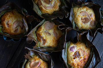 delicious homemade bibingka; Filipino Coconut rice cake with salted egg
