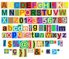 Uppercase and lowercase alphabet, numbers, symbols and signs with colored backgrounds on each. Vector illustration. font, art.