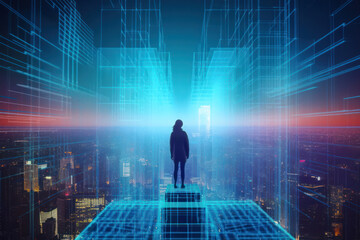 A girl standing on top of a glowing holographic building gazing at futuristic city, virtual reality concept