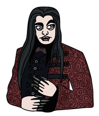 Victorian vampire. Man with long dark hair in gothic clothes. Vector isolated illustration.