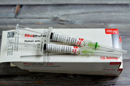 Cairo, Egypt, May 2 2023: Human anti-D (Rh) immunoglobulin Rhophylac 300 &mu;g micrograms 1500 IU for IV or IM injection for prevention of Rh(D) immunization in Rh(D) negative women prophylaxis