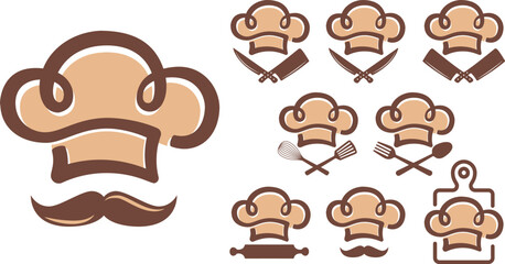 Restaurant chef hat logo icon set. chopping board, spoon, spatula, knife, cleaver, rolling utensil kitchen.