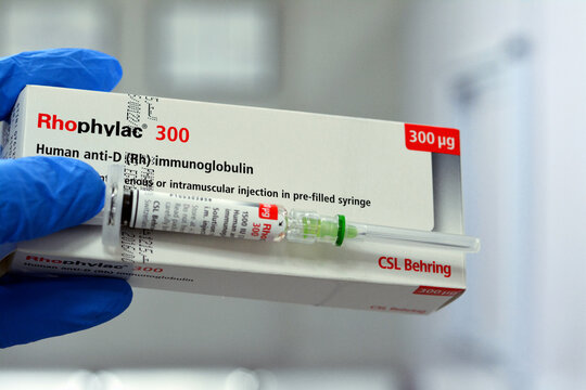 Cairo, Egypt, May 2 2023: Human anti-D (Rh) immunoglobulin Rhophylac 300 &mu;g micrograms 1500 IU for IV or IM injection for prevention of Rh(D) immunization in Rh(D) negative women prophylaxis