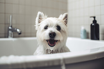 Happy dog in bathtub created with Generative AI technology