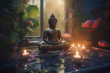 Buddha figurine, candles and lotus flowers on a table. Buddha Purnima, Vesak day background. Generative ai illustration