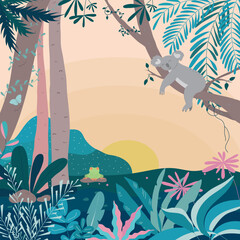 koala sleeping in a tree. frog sitting on a rock. in the background jungle at sunset. cartoon style. vector illustration.  © Viki Vector