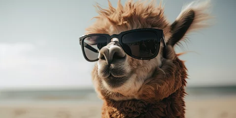 Foto auf Alu-Dibond happy alpaca wearing sunglasses isolated on the beach Generative AI Technology © Poprock3d