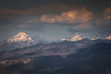 Tatra mountains covered with snow at sunset