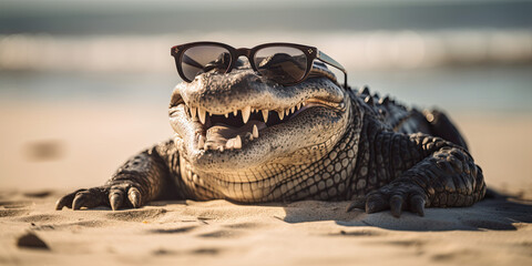 happy alligator wearing sunglasses on the beach created with Generative AI technology - obrazy, fototapety, plakaty