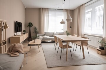 Naklejka na ściany i meble interior floor comfortable space apartment wall stylish sofa plant window beige. Generative AI.