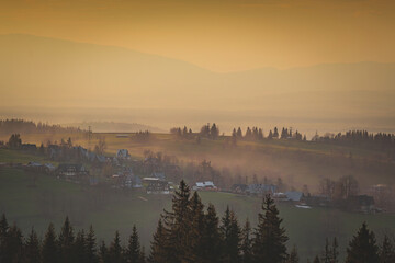 countryside, village at sunset in the mountains