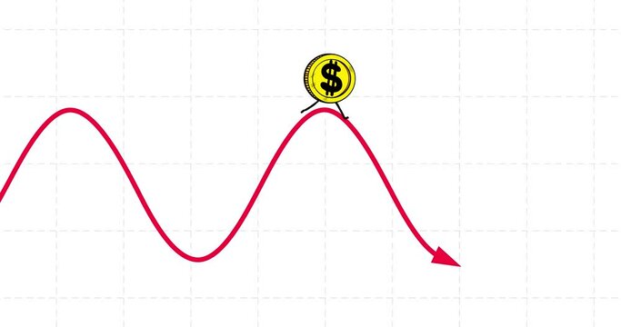 Dollar rate variable floating sinusoid chart seamless loop. Walking up and down cycle. Dollar character rising unstable. Funny business cartoon.