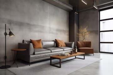 interior background sofa simple lamp living decor luxury decoration lounge grey. Generative AI.