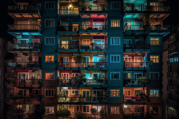An interior apartment at night with many balconies, in style of colorful figures.