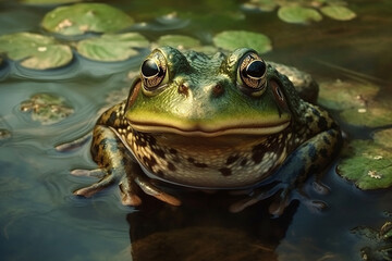 Garden by pond, big frog.