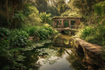 Garden, winding paths, peaceful pond, surrounded by lush greenery.