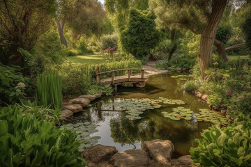 Fototapeta na wymiar Garden, winding paths, peaceful pond, surrounded by lush greenery.